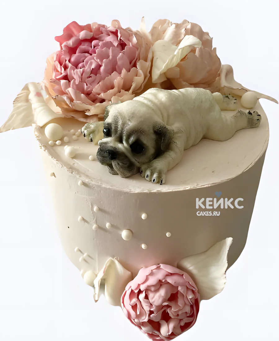 Торт с мопсом и цветами Торт с мопсом и цветами Фото