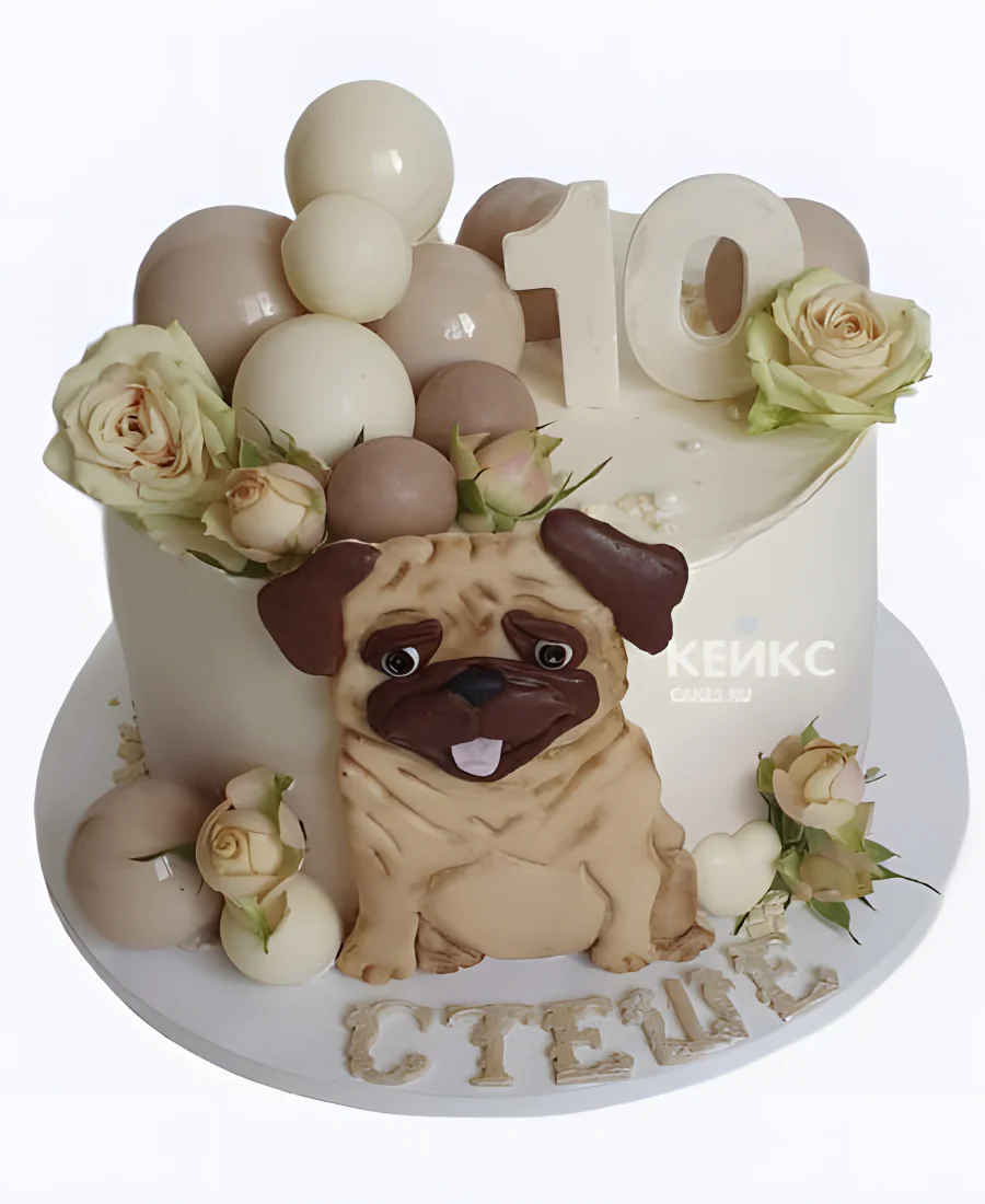 Торт с мопсом и живыми цветами Торт с мопсом и живыми цветами Фото
