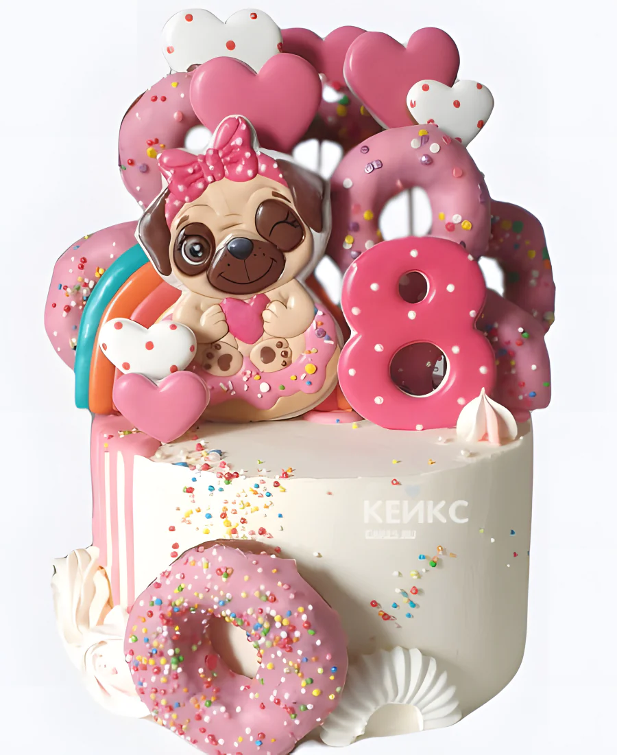 Детский торт с мопсом, радугой и пончиками Детский торт с мопсом, радугой и пончиками Фото