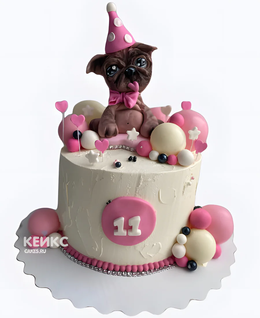 Торт с мопсом в праздничном колпаке Торт с мопсом в праздничном колпаке Фото