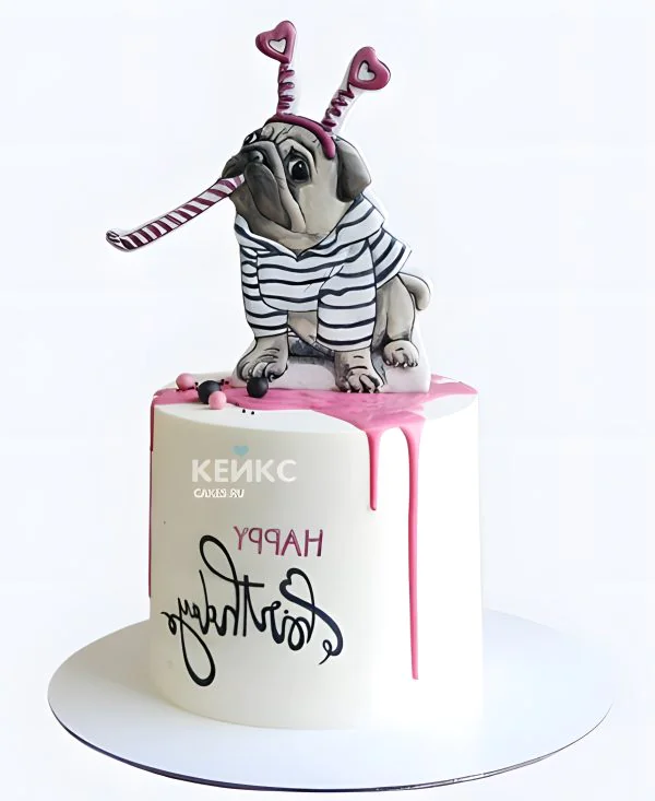 Торт с надписью и мопсом Фото