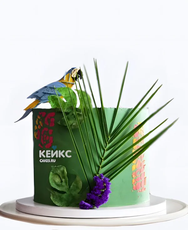 Торт с попугаем и тропическим декором Торт с попугаем и тропическим декором Фото