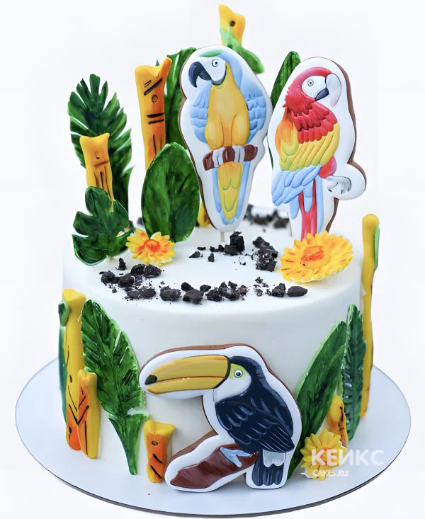 Торт с попугаями и декором из пряников Торт с попугаями и декором из пряников Фото