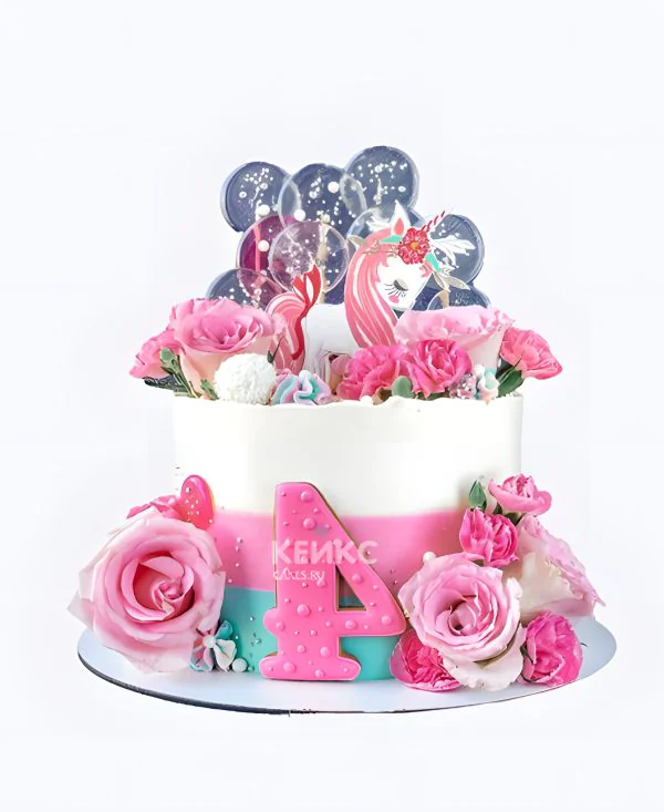 Торт с живыми розами и единорогом Фото
