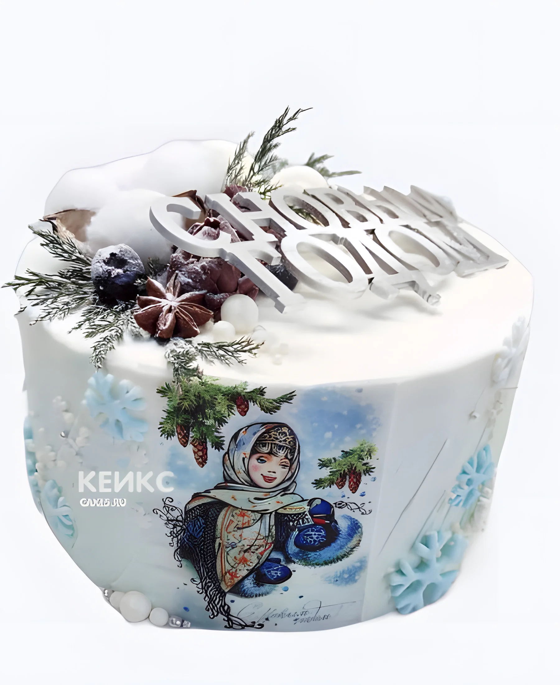 Торт со снегурочкой и снежинками Фото