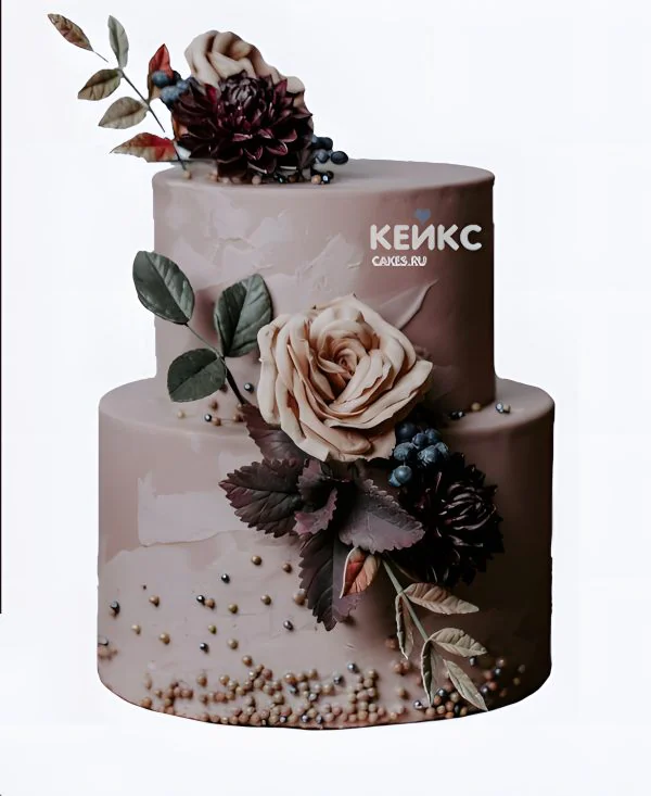 Торт в коричневом цвете с голубикой и розами Торт в коричневом цвете с голубикой и розами Фото