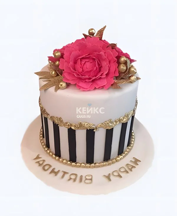 Торт женщине на 65 лет с розой и золотыми лепестками Фото