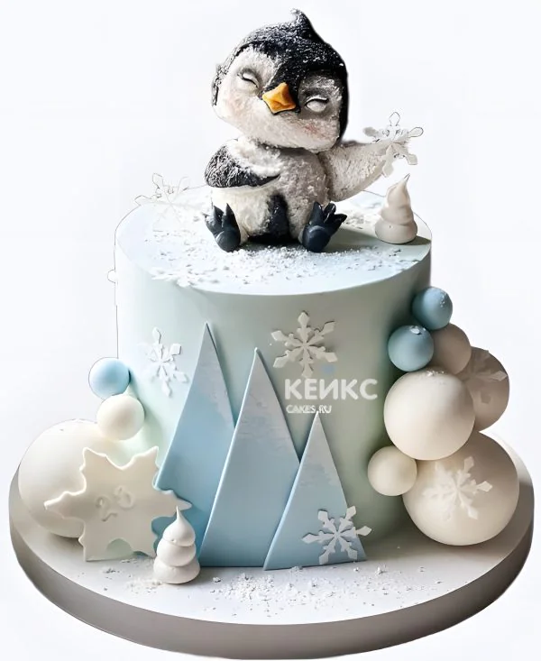 Замечательный нежно-голубой торт с пингвином Замечательный нежно-голубой торт с пингвином Фото