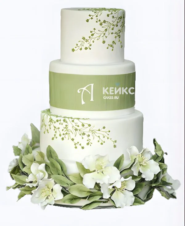 Зеленый торт с пышными цветами и буквой Зеленый торт с пышными цветами и буквой Фото