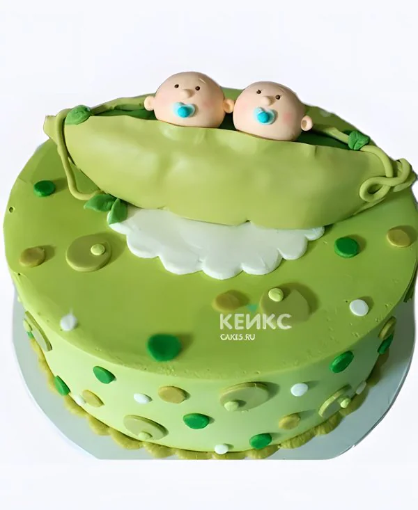 Зеленый тортик с горошком и малышами для мальчиков двойняшек Фото