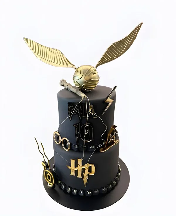 Брутальный черный торт для фанатов Гарри Поттер с элементами вселенной Фото