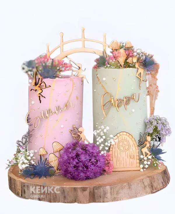 Торт с феями для двойняшек с цветами Фото