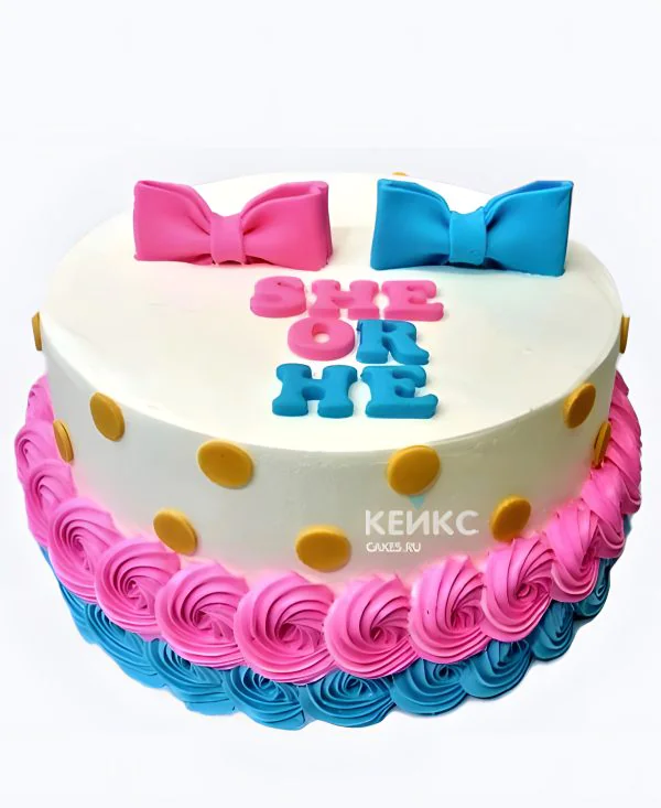 Гендер-торт в горошек с бантиками Фото