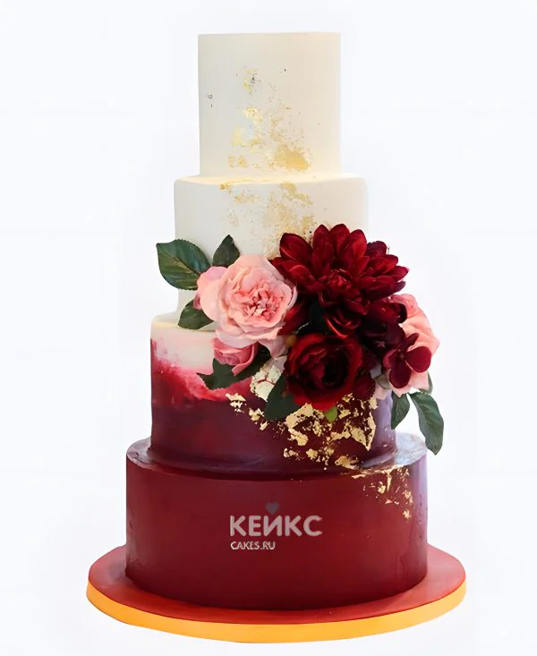 Белый свадебный торт Бордовый букет Фото
