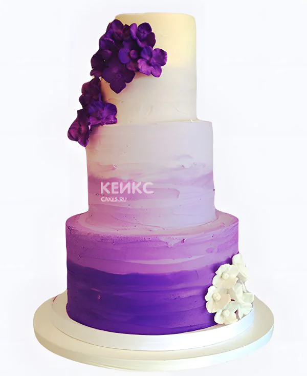 Белый свадебный торт Фиолетовое омбре с цветами Белый свадебный торт Фиолетовое омбре с цветами Фото