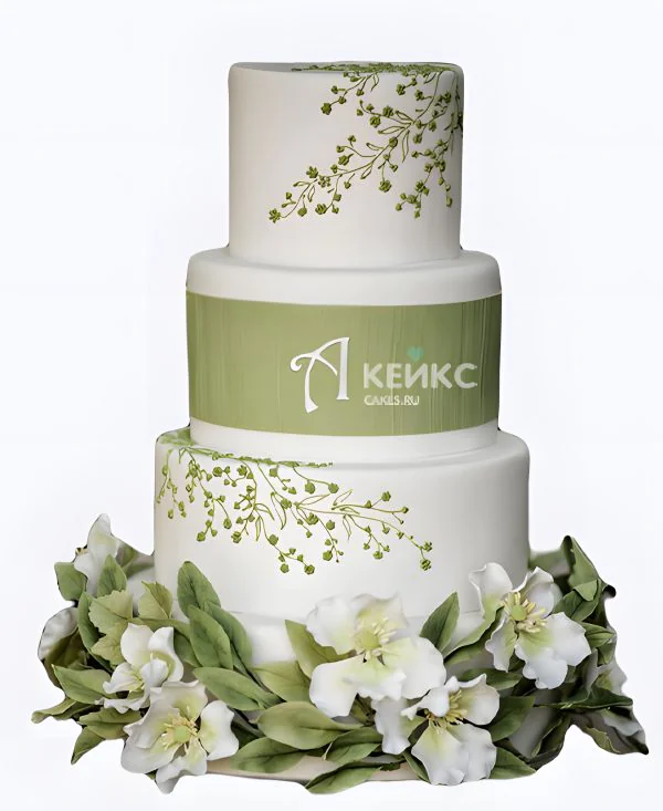 Белый свадебный торт Оливковые узоры с цветами Фото