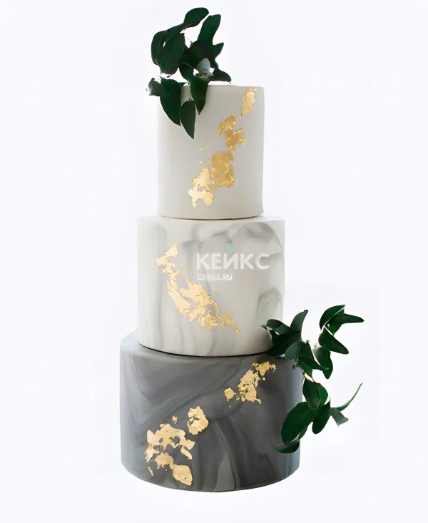 Белый свадебный торт Серый мрамор с веточками и золотыми вкраплениями Белый свадебный торт Серый мрамор с веточками и золотыми вкраплениями Фото