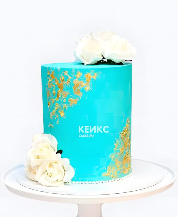 Бирюзовый свадебный торт с розами и золотом Фото