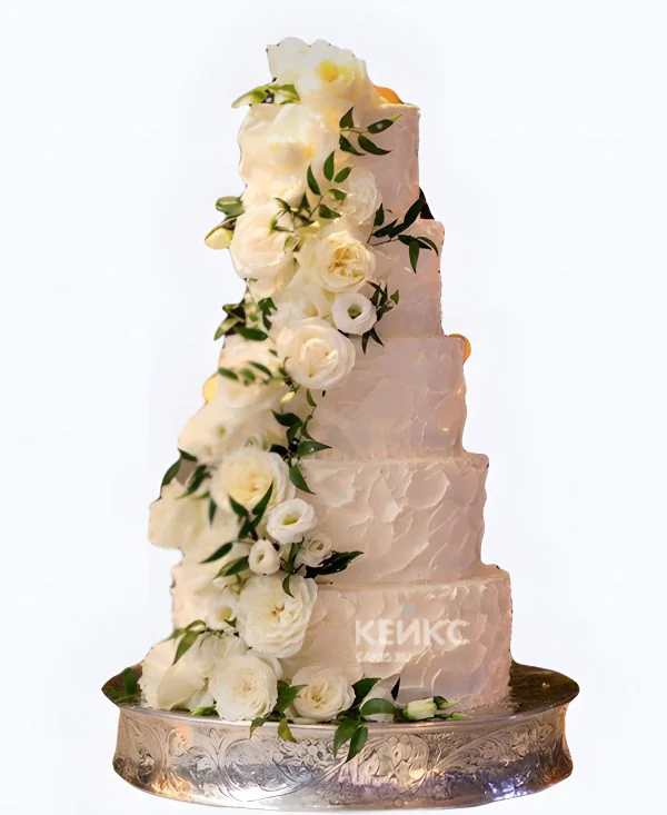 Большой свадебный торт Белые розы с мазками Фото