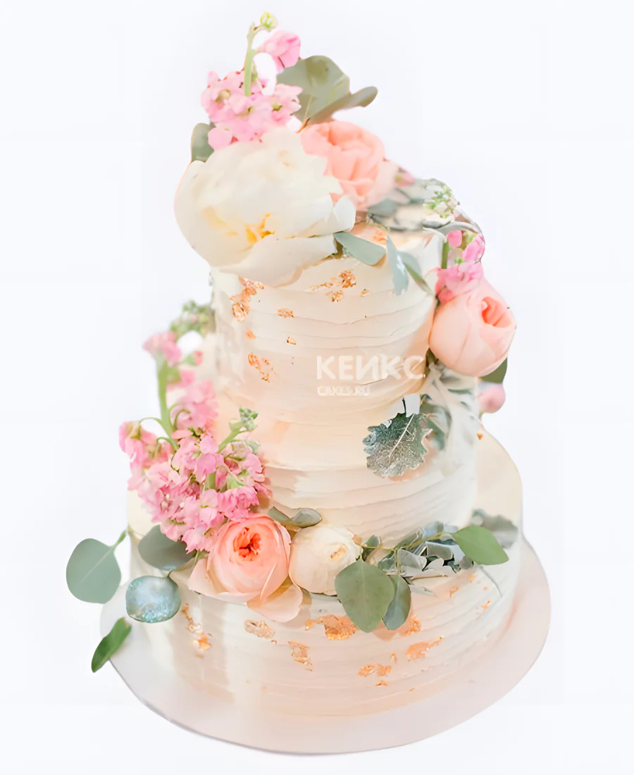 Большой свадебный торт Нежно-розовый букет с листиками Фото