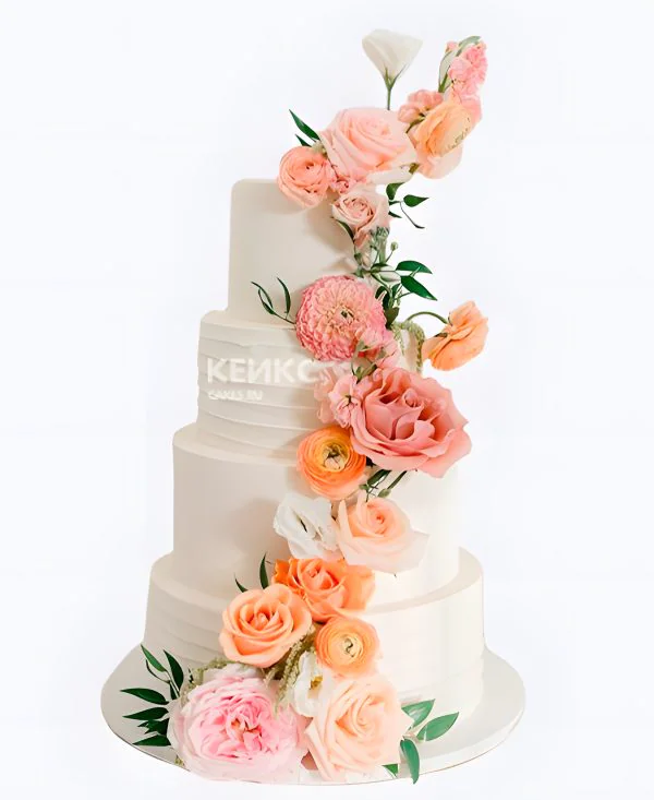 Большой свадебный торт рифленый Каскад цветов Большой свадебный торт рифленый Каскад цветов Фото