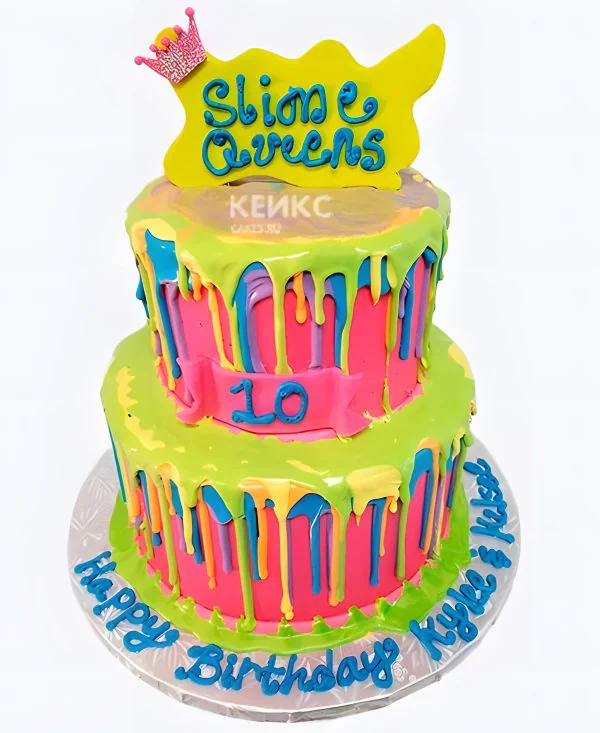 Большой торт для девочки с слаймом и яркой надписью Большой торт для девочки с слаймом и яркой надписью Фото