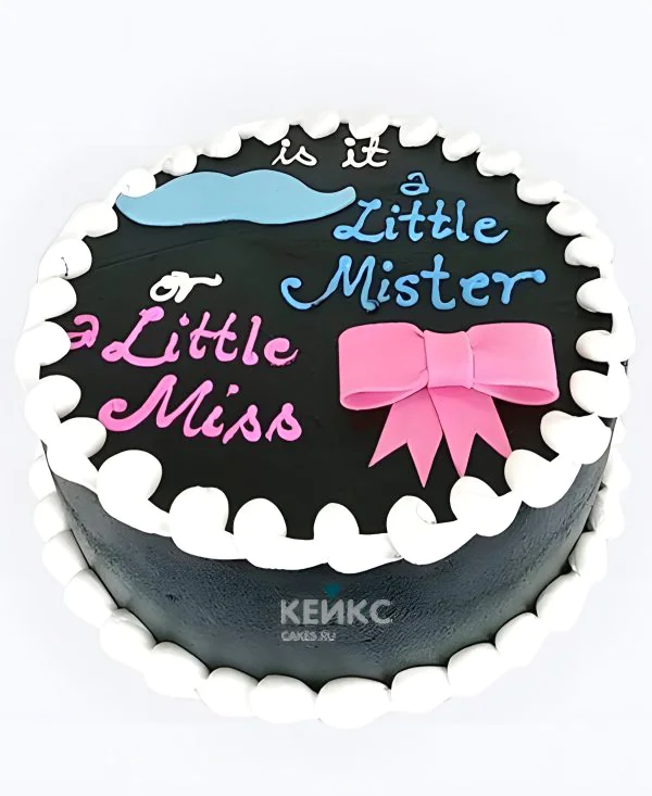 Черный гендер-торт с бантиком и усами Фото