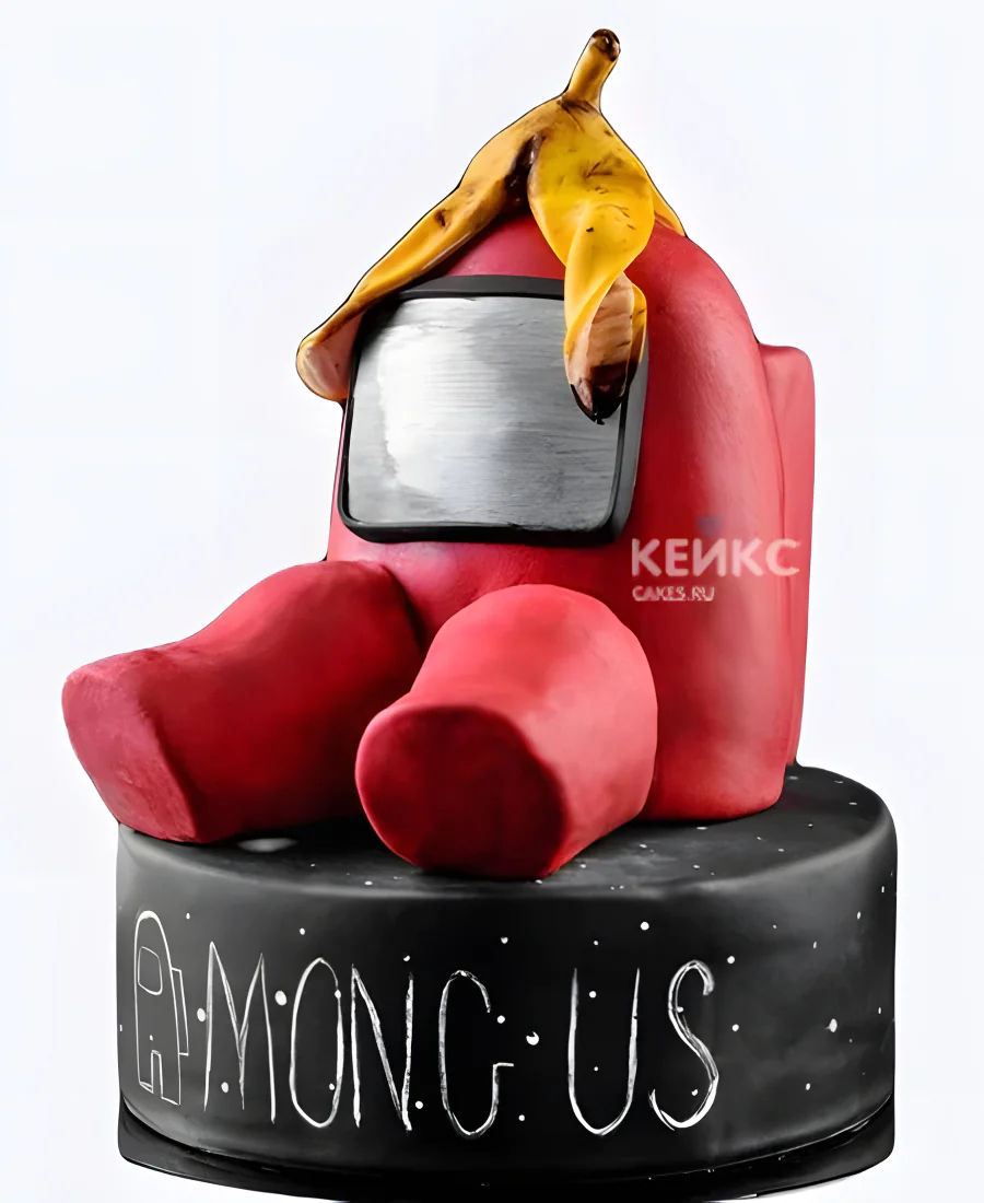 Чёрный торт с фигуркой персонажа из Among Us Чёрный торт с фигуркой персонажа из Among Us Фото