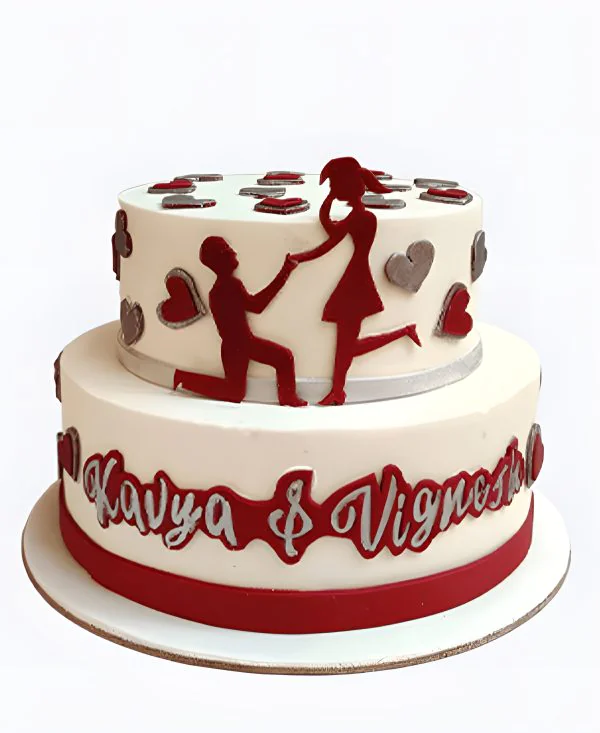 Двухъярусный торт с сердечками и силуэтами влюбленных на сватовство Двухъярусный торт с сердечками и силуэтами влюбленных на сватовство Фото