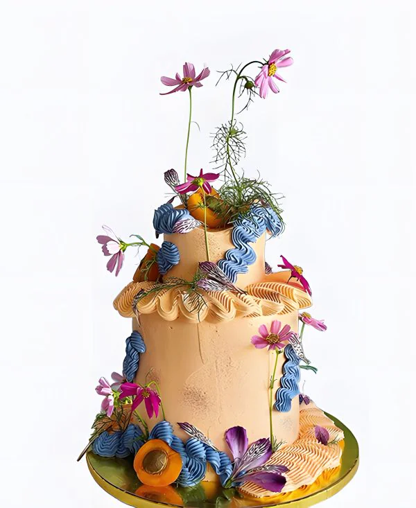 Двухъярусный трендовый торт с цветами на свадьбу Двухъярусный трендовый торт с цветами на свадьбу Фото