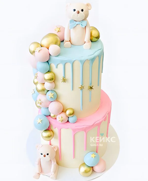 Двухъярусный гендер-торт с мишками и звездочками Фото