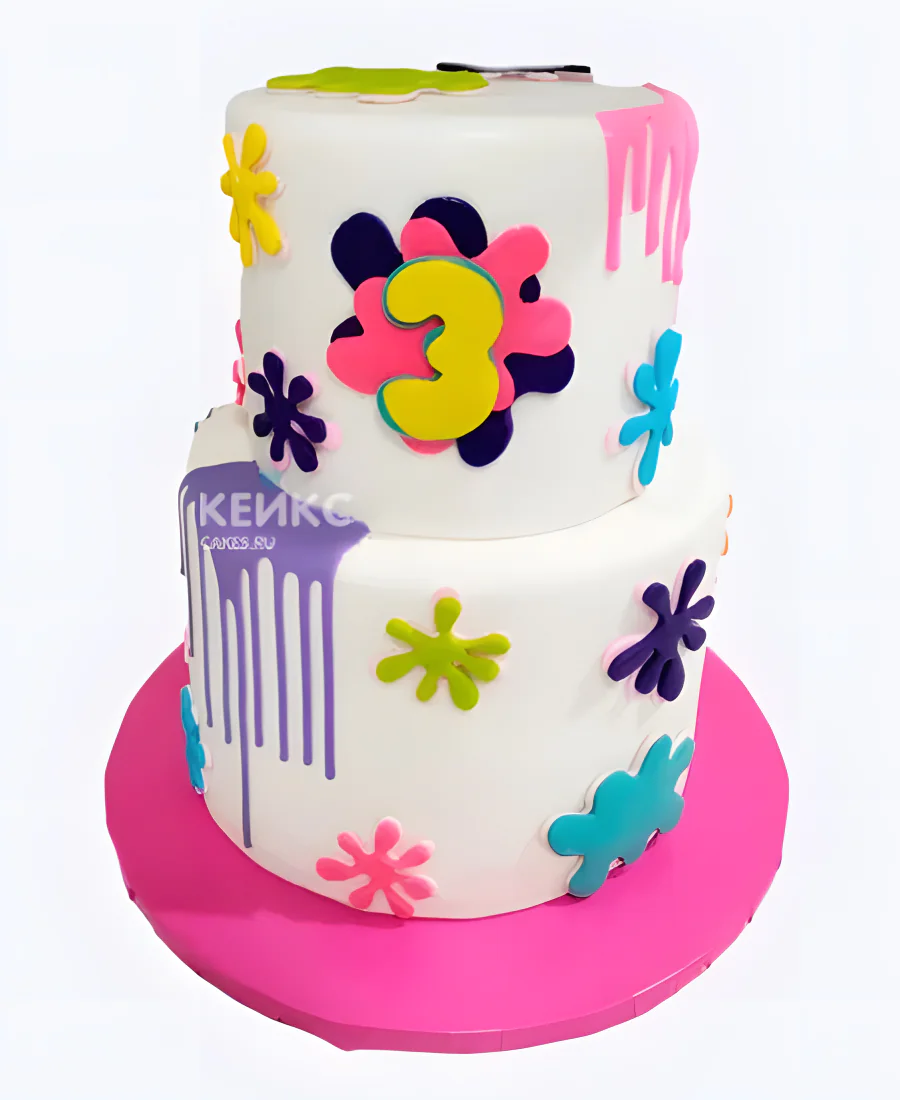 Двухъярусный яркий торт для девочки с кляксами и слаймом Двухъярусный яркий торт для девочки с кляксами и слаймом Фото