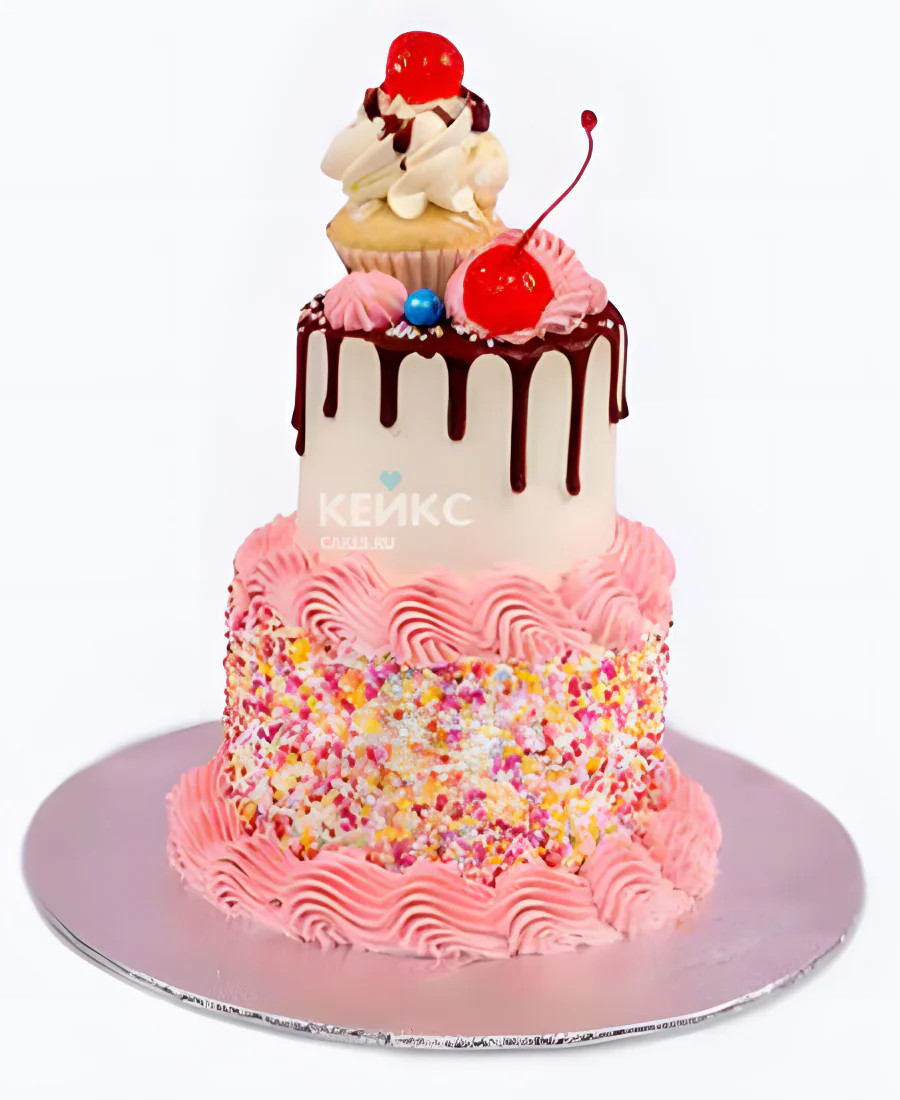 Двухъярусный розовый торт девочке с вишней Двухъярусный розовый торт девочке с вишней Фото