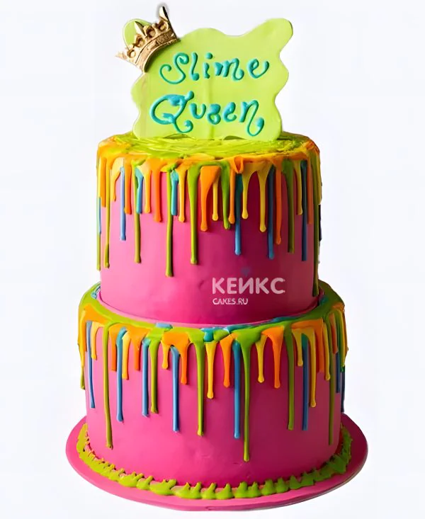 Двухъярусный слайм торт для девочки с короной Двухъярусный слайм торт для девочки с короной Фото