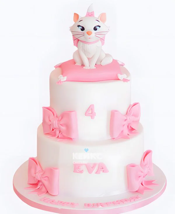 Двухъярусный торт девочке с белым котенком Двухъярусный торт девочке с белым котенком Фото
