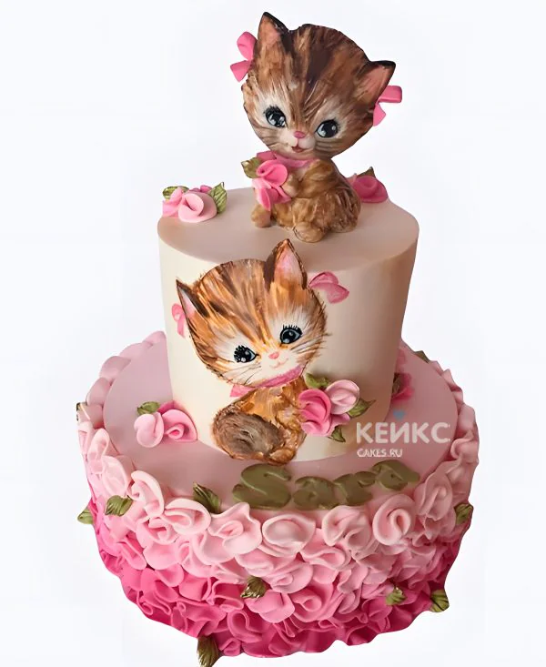 Двухъярусный торт девочке с котиками и цветами Двухъярусный торт девочке с котиками и цветами Фото