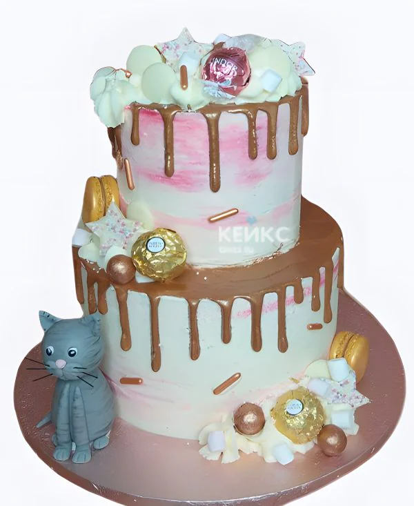 Двухъярусный торт девочке с котиком и сладостями Двухъярусный торт девочке с котиком и сладостями Фото