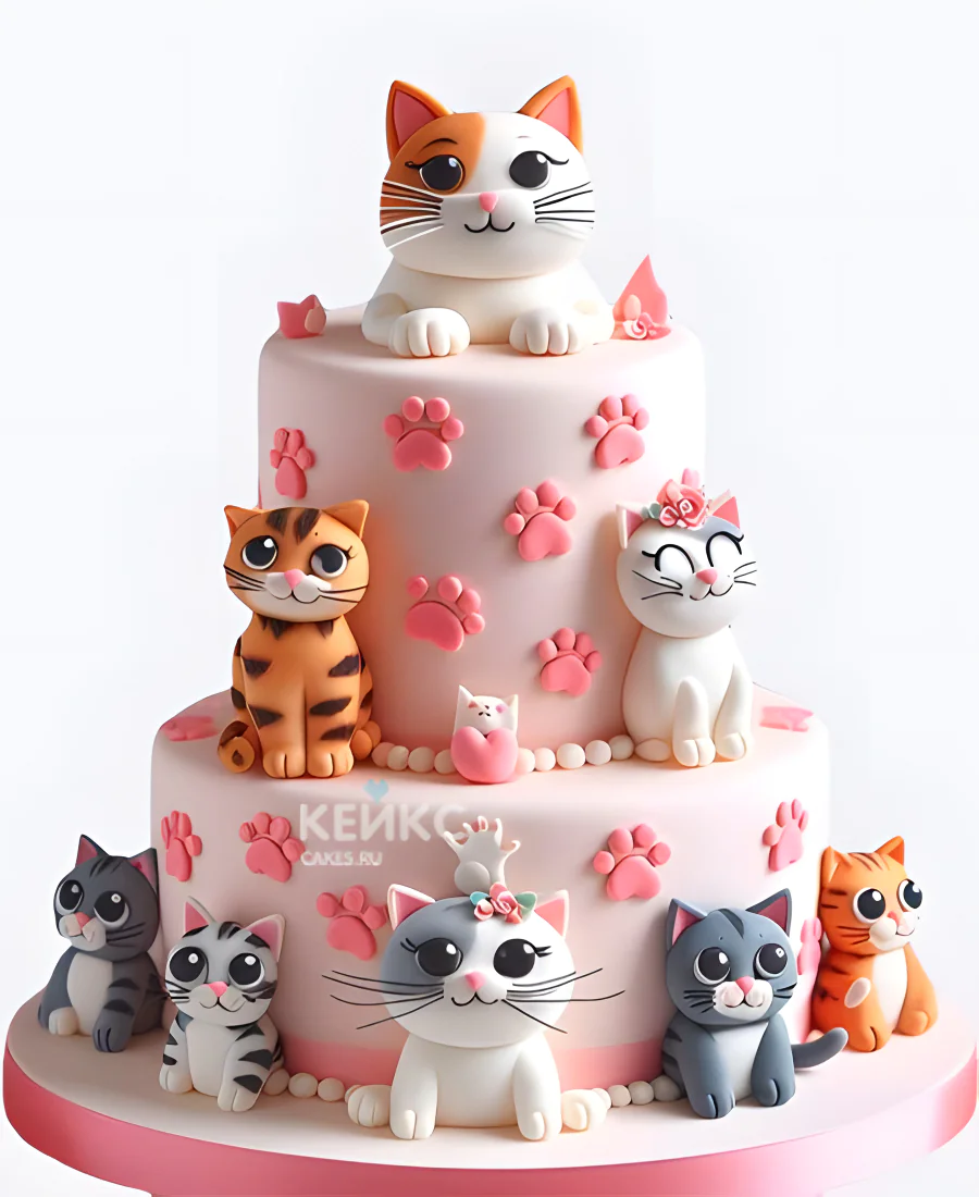 Двухъярусный торт девочке с лапками и котиками Фото