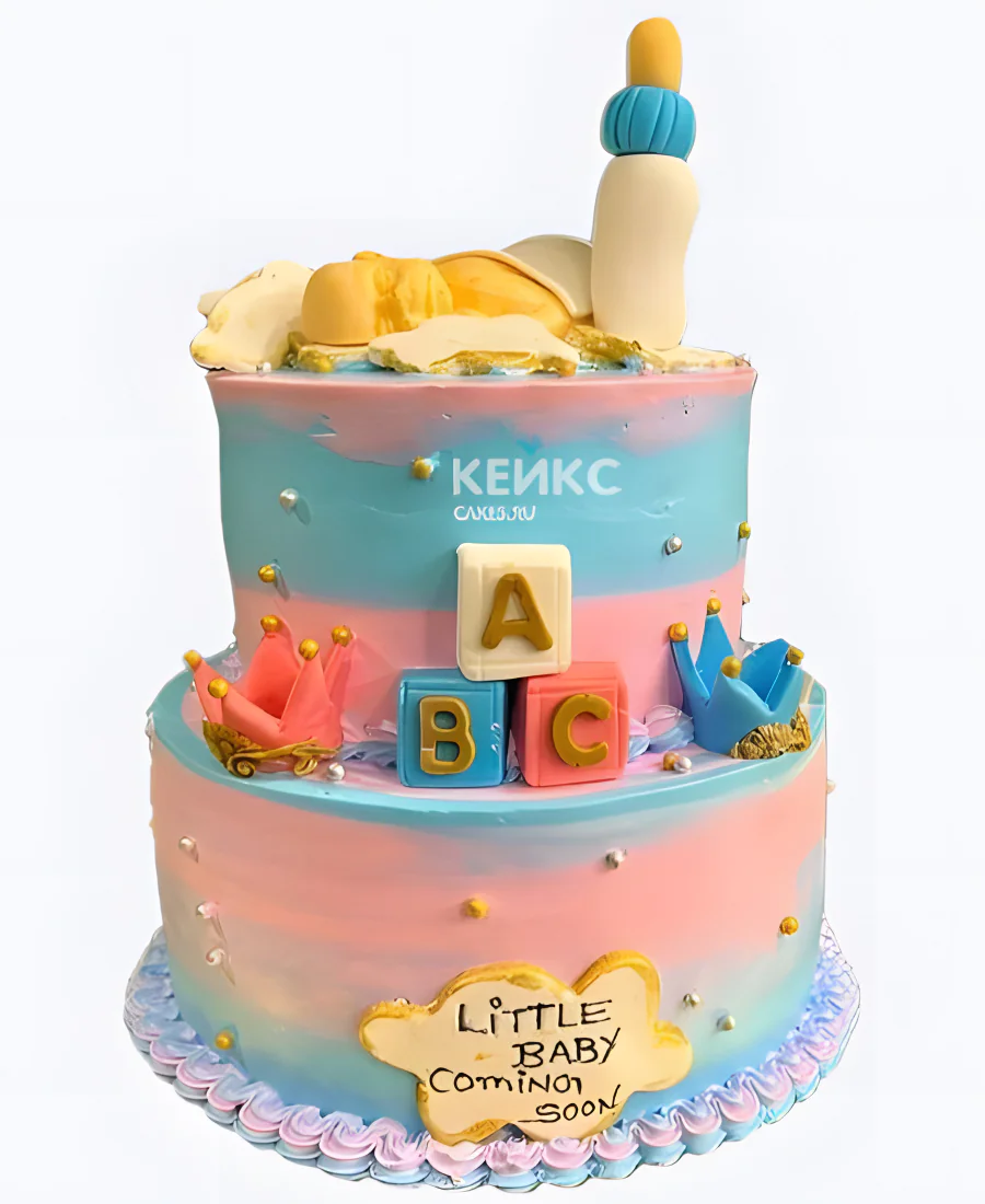 Двухъярусный торт на рождение ребенка с фигуркой младенца Двухъярусный торт на рождение ребенка с фигуркой младенца Фото