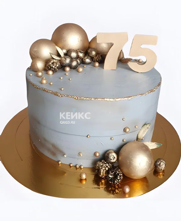 Эстетичный торт с золотым декором на юбилей 75 лет Фото