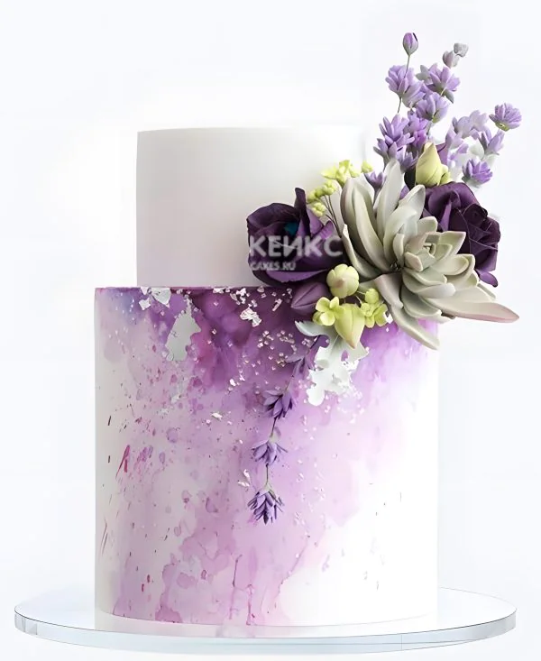 Фиолетовый свадебный торт Акварель с букетом Фото