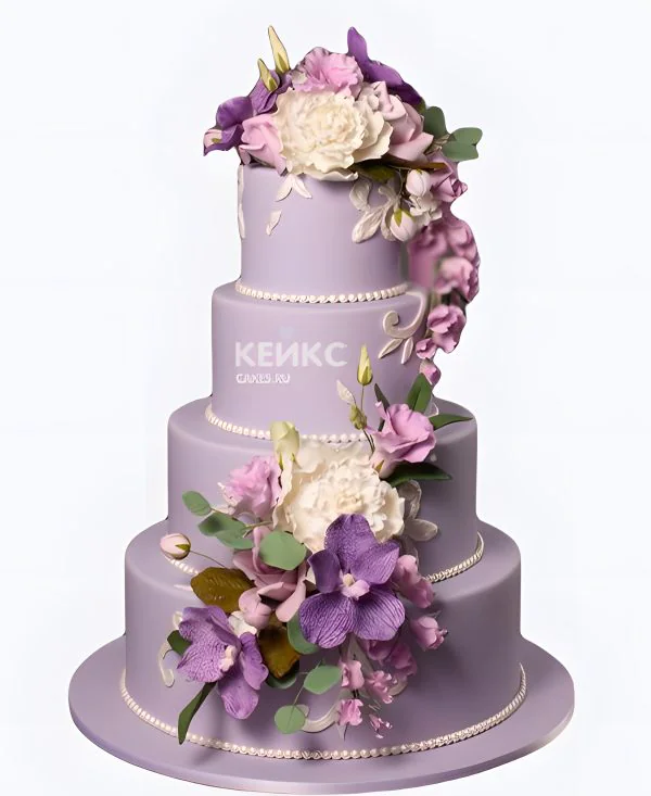 Фиолетовый свадебный торт Ассорти цветов с бусами Фото