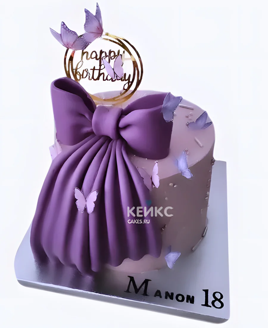 Фиолетовый тортик с бабочками и большим бантом Фото