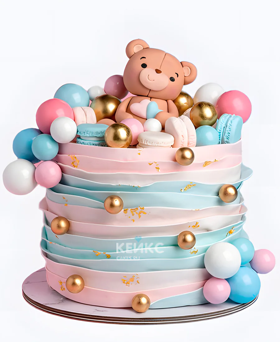 Гендер-торт с мишкой и шоколадными шариками Фото