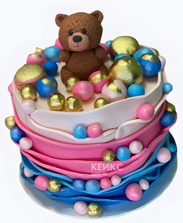 Гендер-торт с мишкой и золотыми шариками Фото
