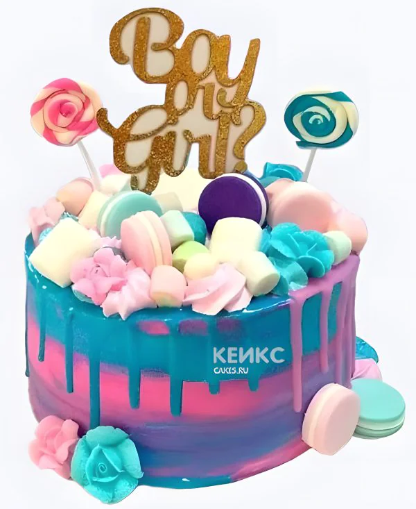 Гендер-торт с цветами и леденцами Фото