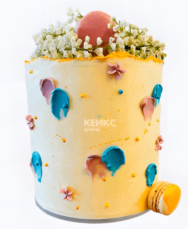 Гендер-торт с цветами и макарунами Фото