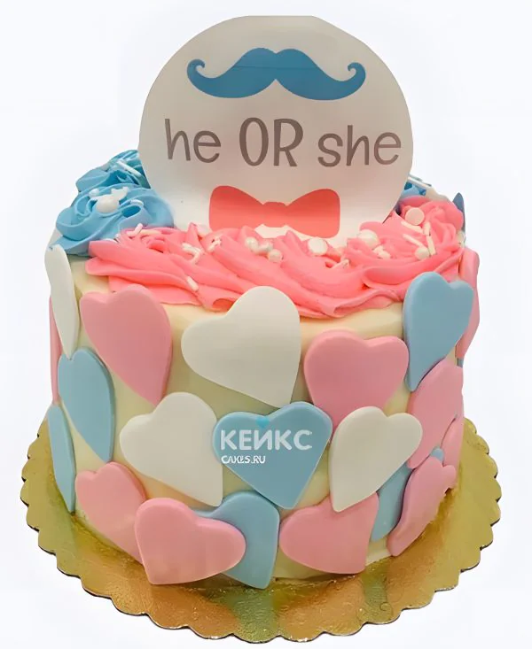 Гендер-торт с цветными сердечками Фото