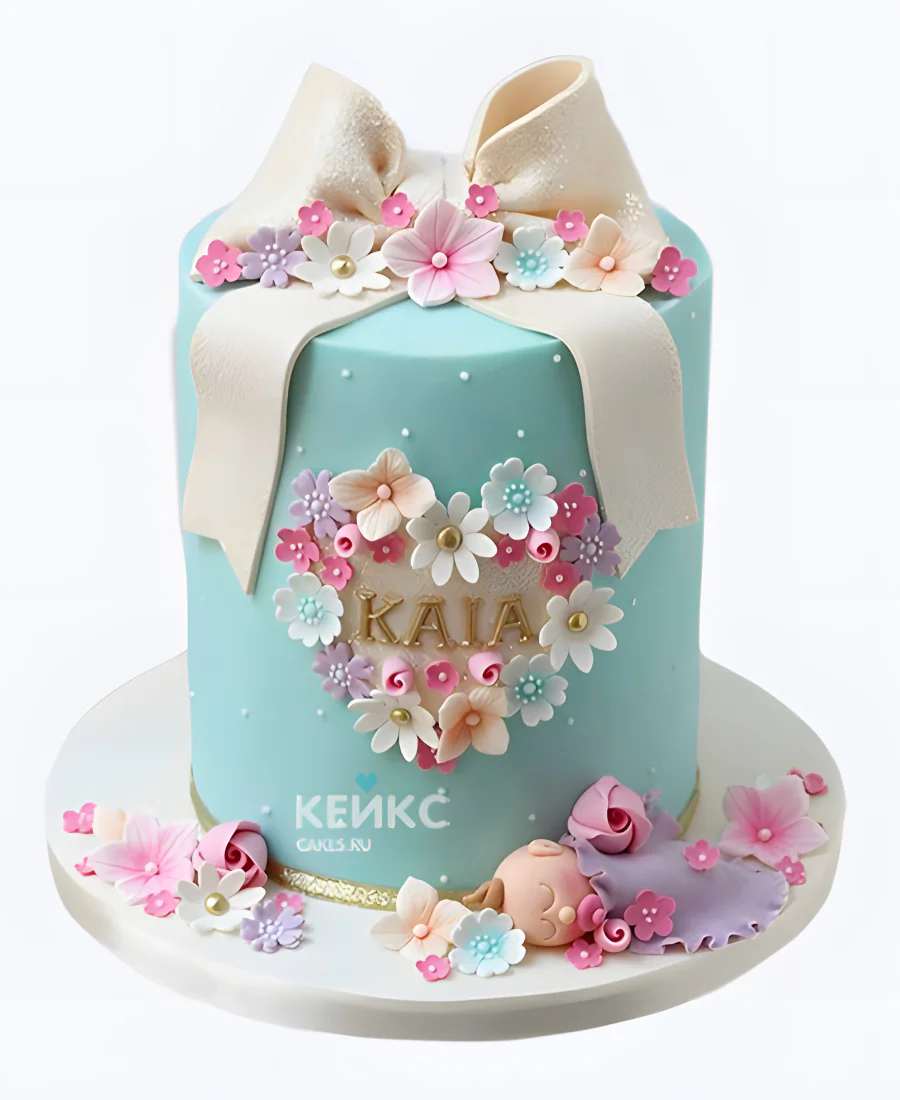 Голубой торт девочке с бантиком и цветочками Голубой торт девочке с бантиком и цветочками Фото