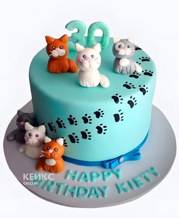 Голубой торт девочке с фигурками котиков Голубой торт девочке с фигурками котиков Фото